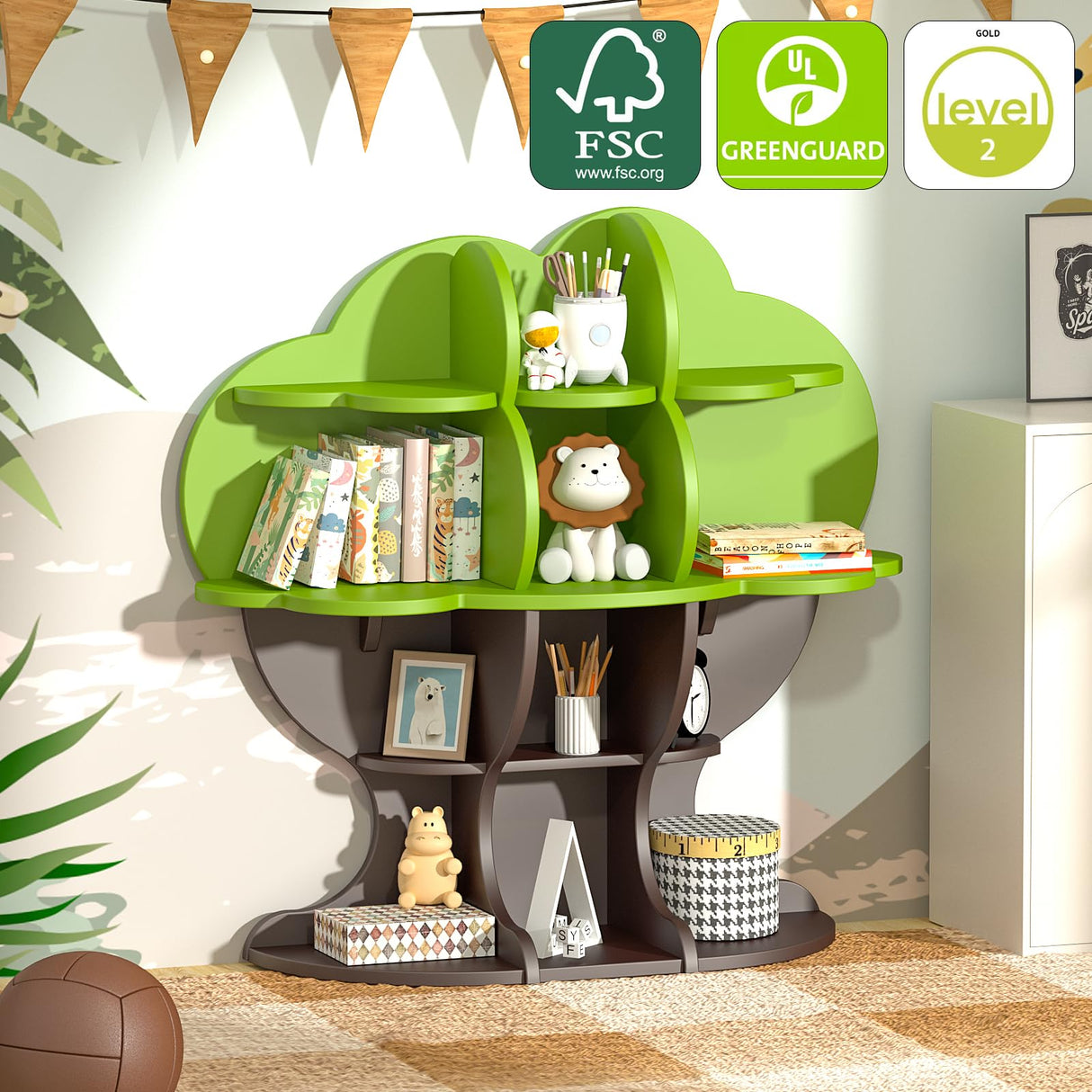 Tree Kids Bookshelf Toddler Bookcase 4-Tier Baby Book Rack Children Toy Storage Organizer Wood Display Shelf for Nursery Playroom Bedroom Classroom School Homeschooling Boy Girl’s Gift (green tree) HedoAjim