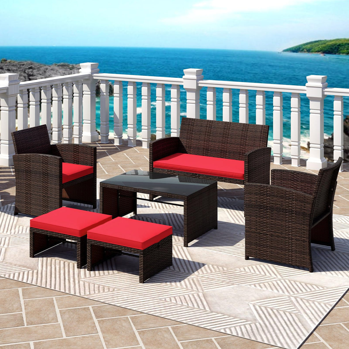 Tangkula 6 Pieces Patio Furniture Set, Outdoor Sectional Conversation PE Rattan Sofa Set with 1 Loveseat, 1 Coffee Table, 2 Armchairs and 2 Ottomans for Garden, Deck, Backyard and Poolside (Red) Tangkula
