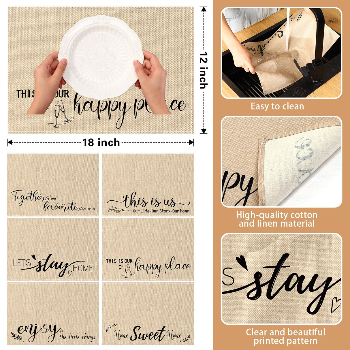 Farmhouse Placemats Set of 6 Linen Placemats 18x12'' Rustic Table Mats with Sayings Housewarming Gifts Country Tablemats Washable Cloth Place Mats for Farmhouse Table Setting(Khaki) Hahafelt