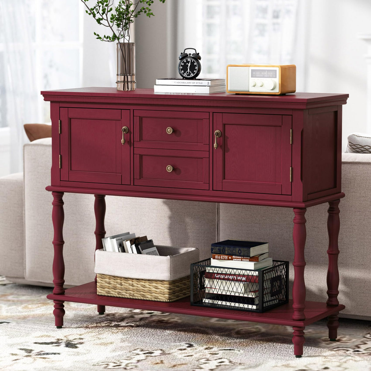 ARTPOWER Console Table with 2 Door, Open Storage Shelf and Retro Entryway Table with 2 Drawers Cabinets, Accent Table, Behind Couch Table for Living Room, Foyer and Hallway, Red ARTPOWER