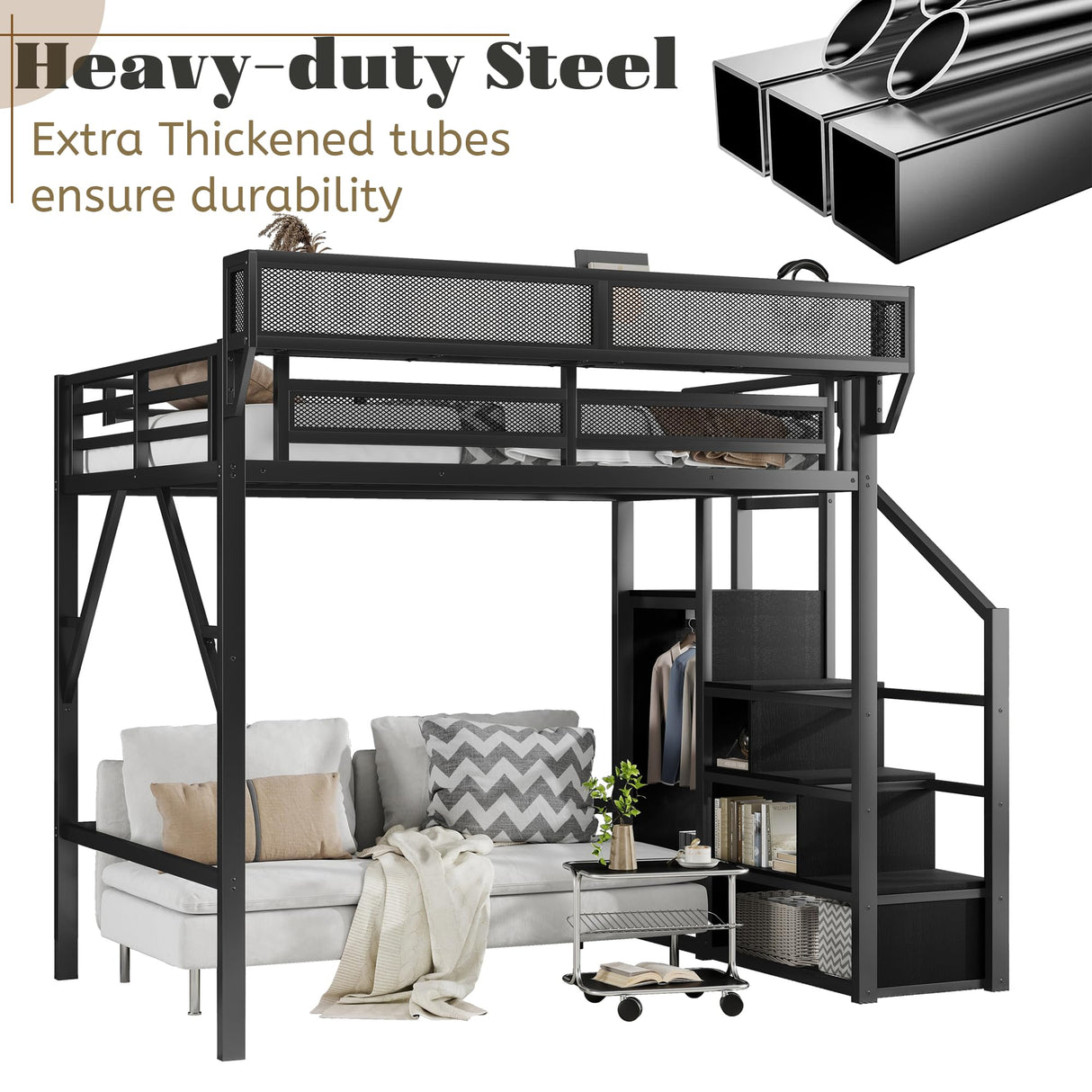 Mirightone Full Size Loft Bed with Stairs and Storage, Metal Loft Bed Frame with Bedside Shelf and Large Under-Bed Space, Heavy-Duty Loft Beds for Adults Teens and Kids, Black Mirightone