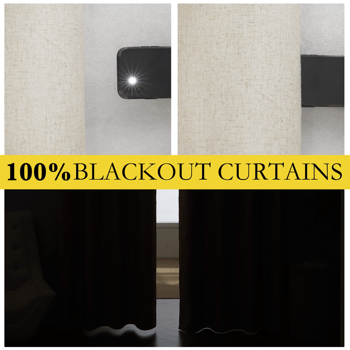 NICETOWN Natural 100% Blackout Linen Curtains 84 inch Long Burg for Living Room, 2 Panels, 52" Wide, Farmhouse Thick Completely Blackout Window Treatment Thermal Insulated Warm Drapes for Winter NICETOWN