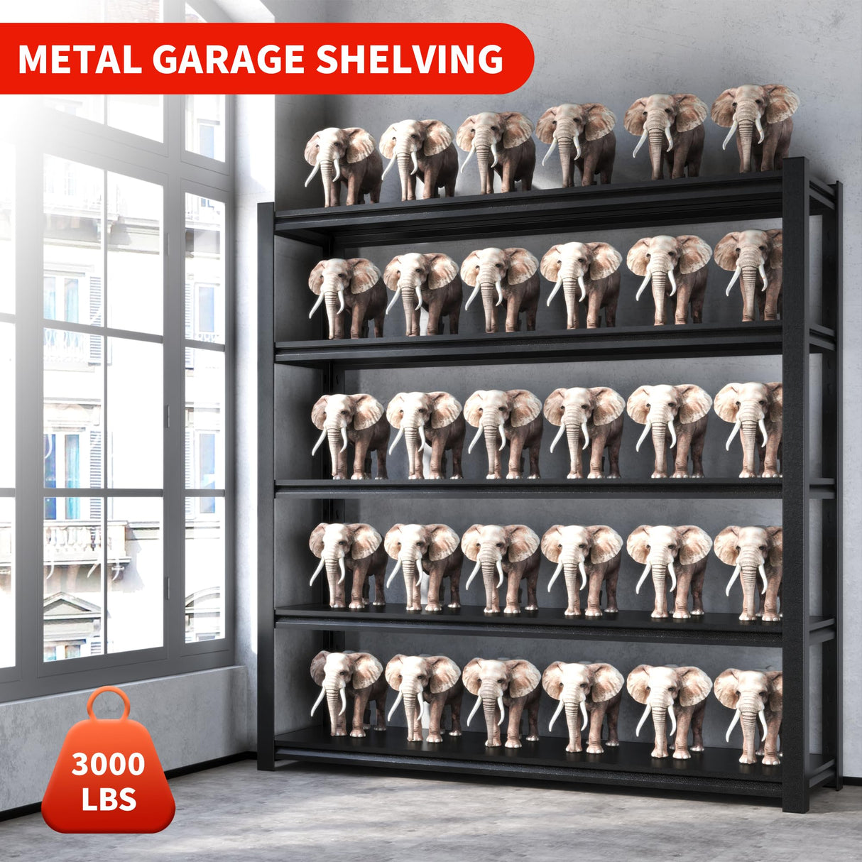 DARTIIA 72" H Garage Shelving 3000LBS Heavy Duty Storage Shelves Adjustable 5 Tier Metal Shelves for Storage Garage Industrial Shelving Utility Racks,24" D*48" W*72" H,Black DARTIIA