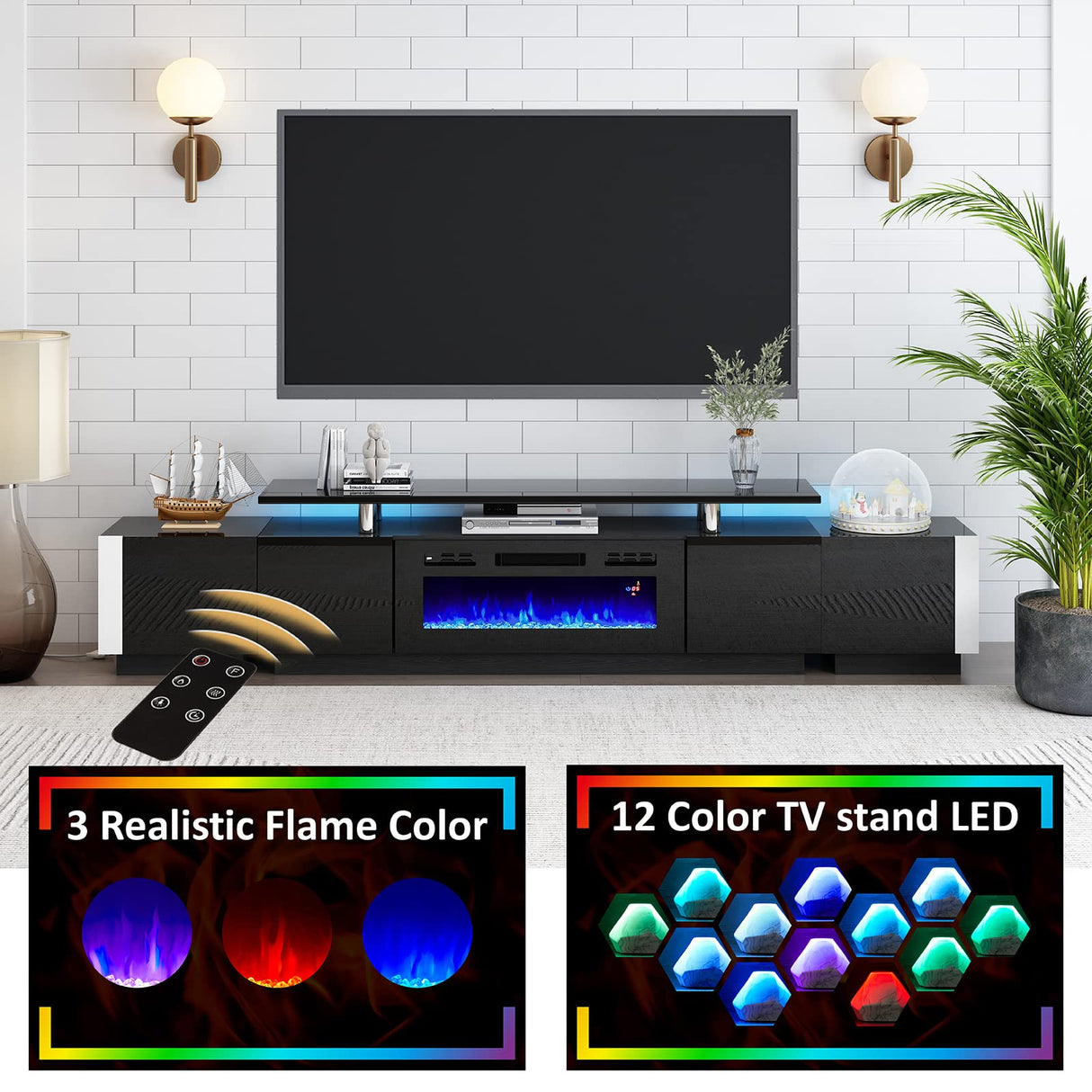 AMERLIFE 110" Large Fireplace TV Stand Set with 36" Electric Fireplace, Includes 70" 2-Tier Fireplace TV Stand, 2 x End Tables, Modern High Gloss TV Console with LED Light for Living Room, Black AMERLIFE