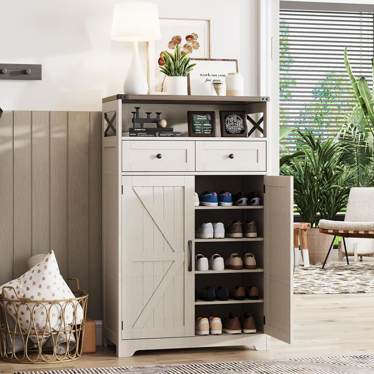 Maupvit 5-Tier Shoe Cabinet with Doors, Farmhouse Storage Cabinet with 2 Drawers & Adjustable Shelves, Shoe Cabinet Storage for Entryway,Wood Shoe Rack Organizer Cabinet for Living Room Foyer Hallway Maupvit