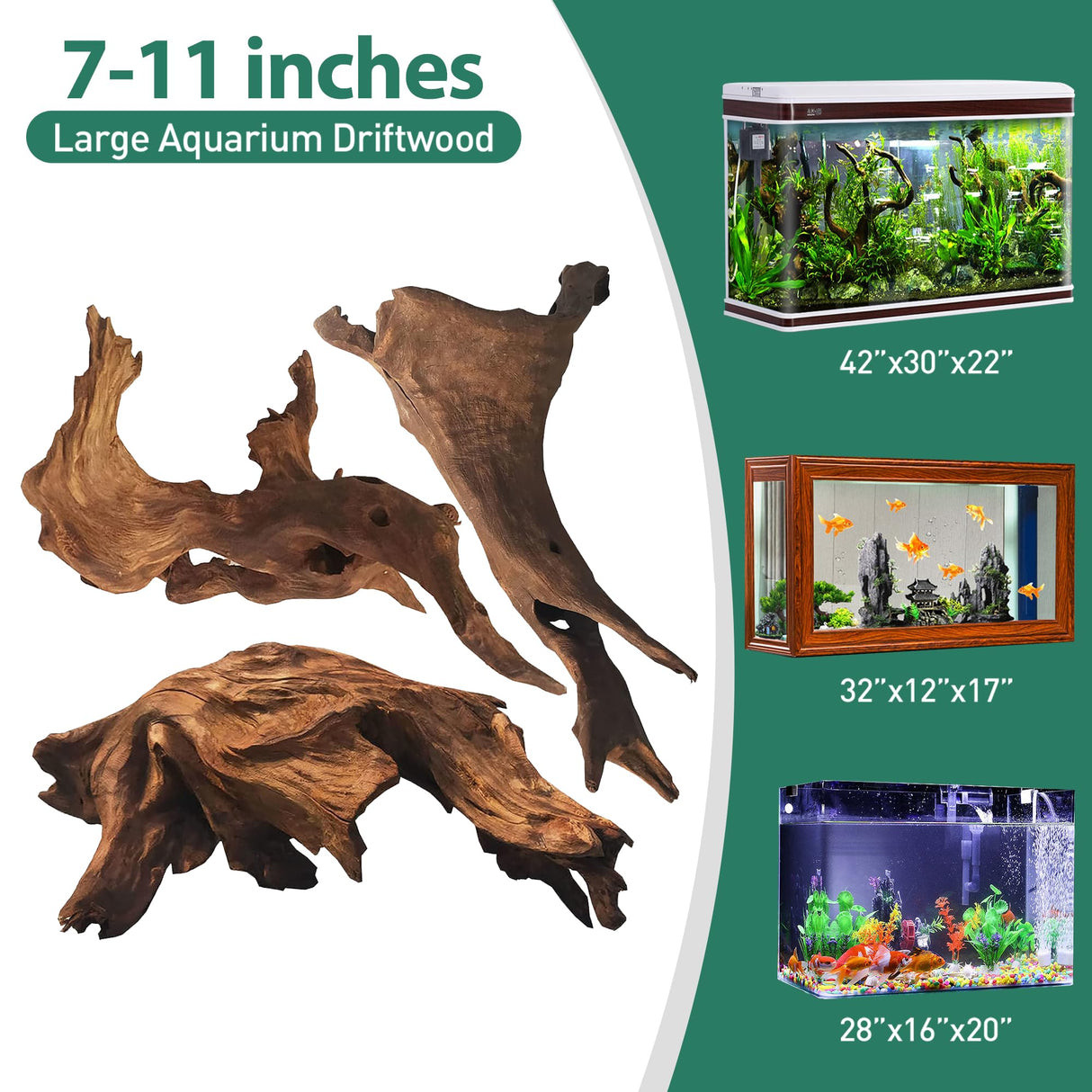 WDEFUN Natural Driftwood for Aquarium Decor, 3-Piece 7''-11'' Large Driftwood for Decorations on Fish Tank, Reptiles Bearded Dragon Accessories or Air Plants WDEFUN