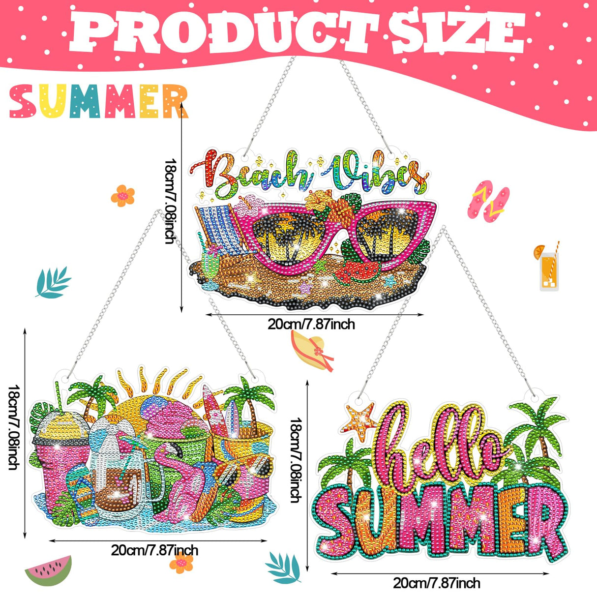 Burbell 3 Pcs Diamond Summer Beach Painting Kits Sunglasses Smoothie Diamond Art Hanging Ornament Sign DIY Painting Art Kits for Summer Adult Window Door Wall Decorations Burbell
