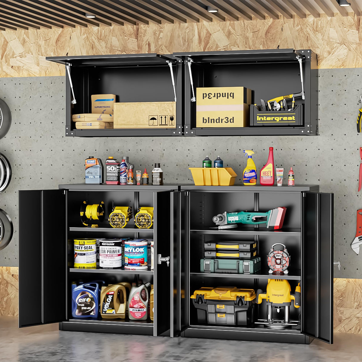 INTERGREAT Metal Storage Cabinet, 42” Steel Locking Cabinet with Doors and Shelves, Black Utility Cabinet Garage Cabinets for Home Office, Garage, Kitchen, Shop INTERGREAT