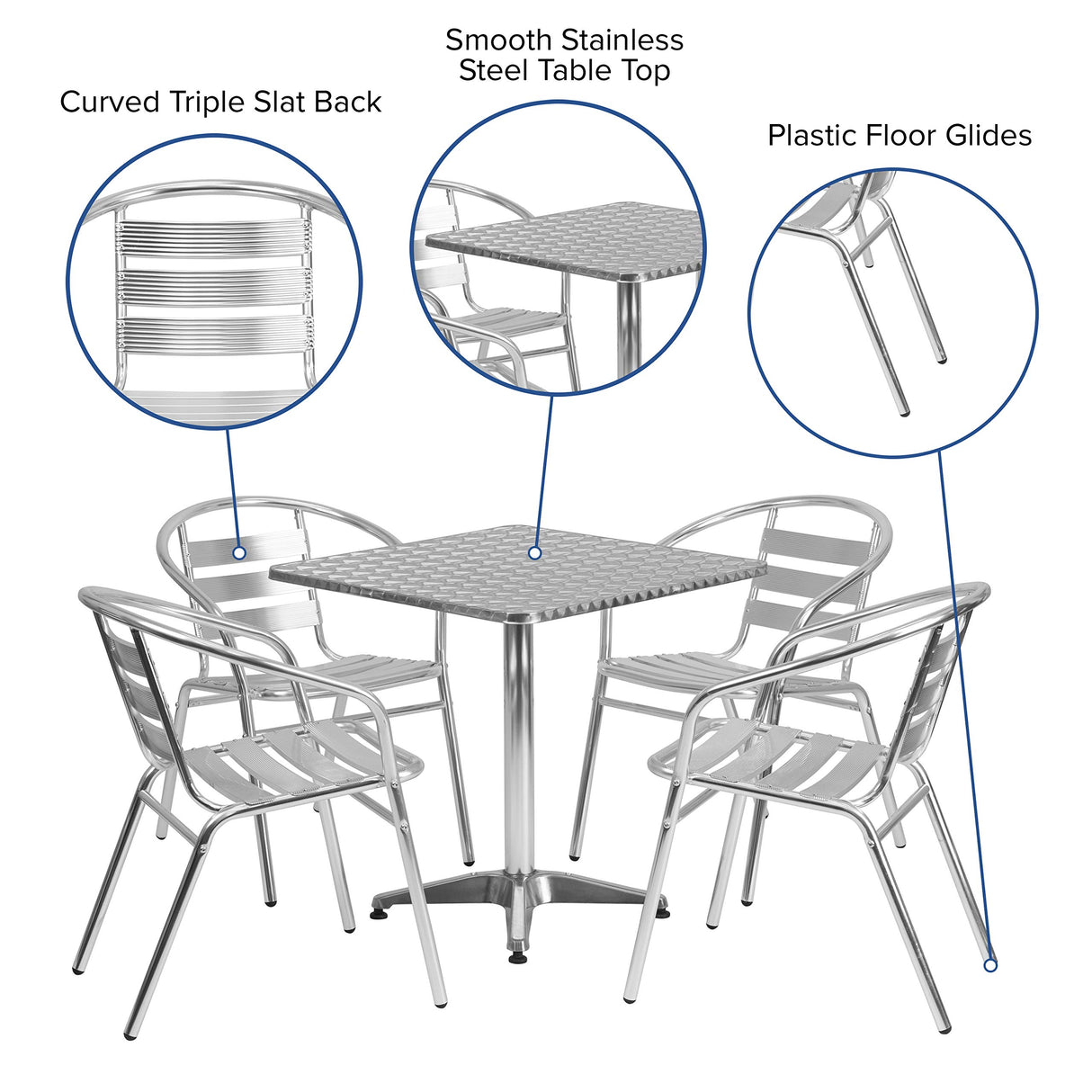 Flash Furniture Aluminum 5-Piece Patio Dining Set with Square Table and 4 Slat Back Chairs, Indoor/Outdoor Bistro Table and Chairs Set, Silver Flash Furniture