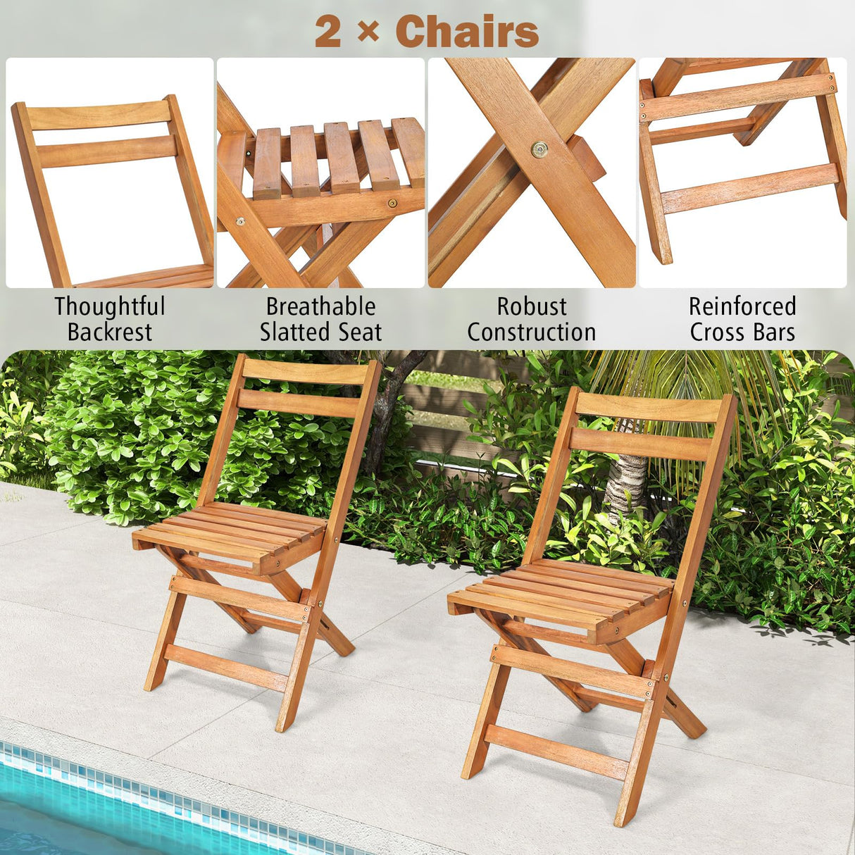 Tangkula 3 Pieces Folding Patio Bistro Set, Solid Acacia Wood Table and Chairs with Slatted Tabletop, Back & Seat, Foldable Outdoor Furniture Set for Patio, Backyard, Garden, Poolside, Natural Tangkula