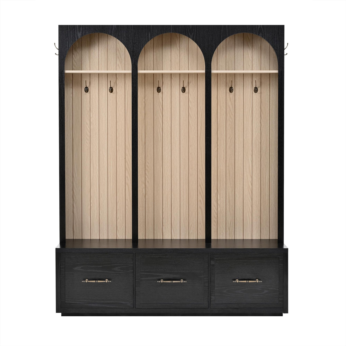 LUMISOL Farmhouse Entryway Hall Tree with Arched Design, 59" Entryway Bench with 3 Drawers, Entryway Coat Rack with 8 Retro Hooks, Rustic Hall Cabinet for Living Room Mudroom, Black LUMISOL