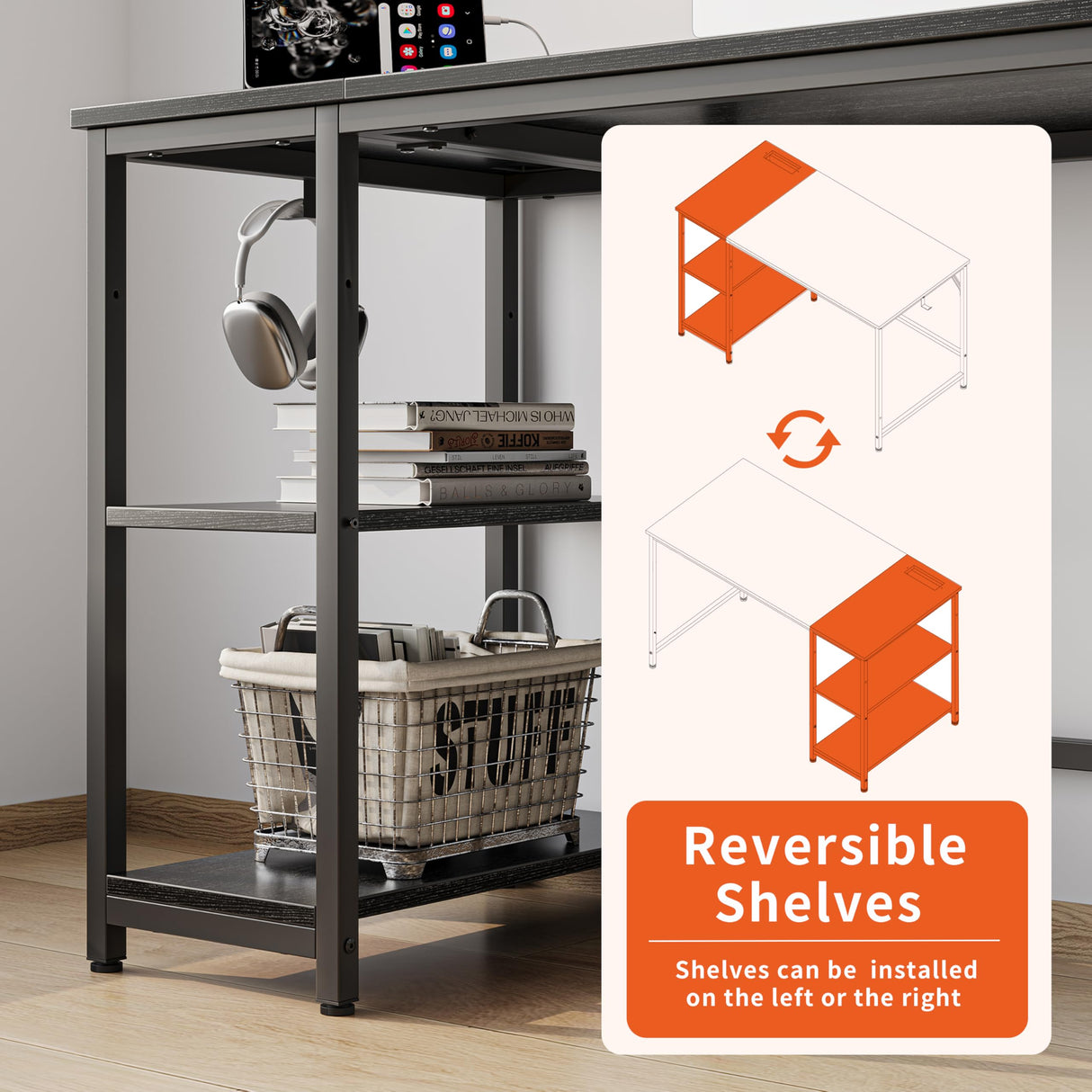 JOISCOPE Computer Desk with USB & Type-C Outlet, Small Home Office Desk with 2-Tier Storage Shelves, Modern Gaming Desktop Workstation, 48 inches, Black JOISCOPE