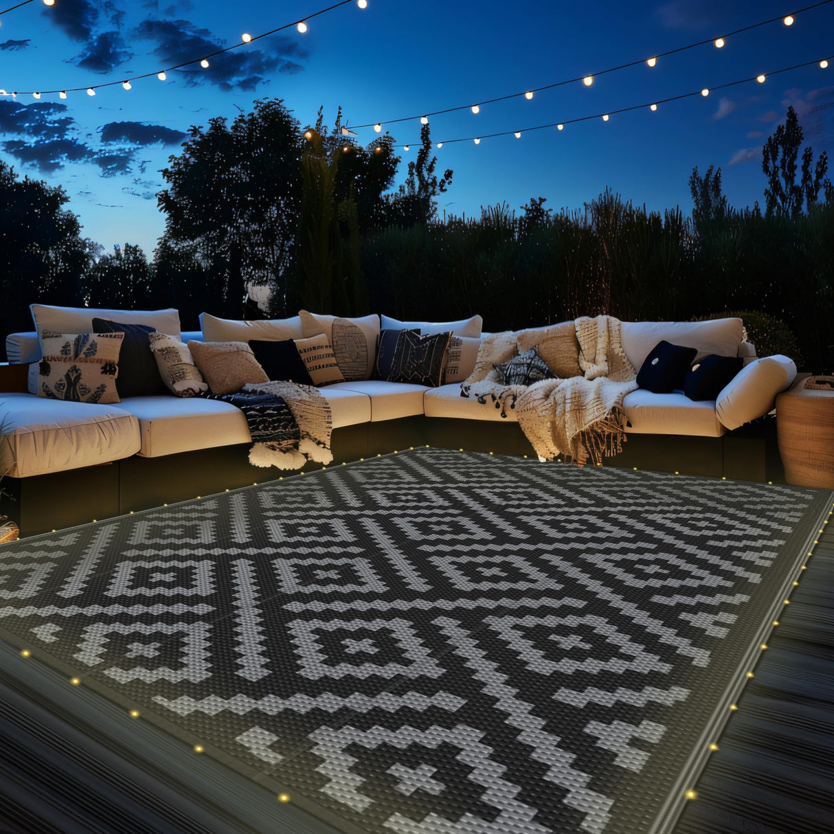 GENIMO Outdoor Rug with LED Strip Lights, 8'x10' Waterproof Camping Mat, Reversible Plastic Straw Rugs for Patio, RV, Camper, Balcony, Backyard, Picnic, Deck, Black & Gray GENIMO