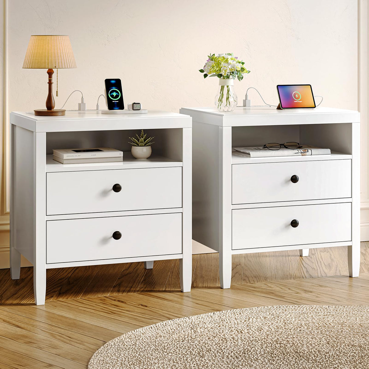Huuger White Nightstand Set of 2, Night Stand with Charger Station, Bedside Table with 2 Drawers, Bed Side Tables for Bedroom, Modern Nightstands, Metal Knobs, Painted Surface Huuger