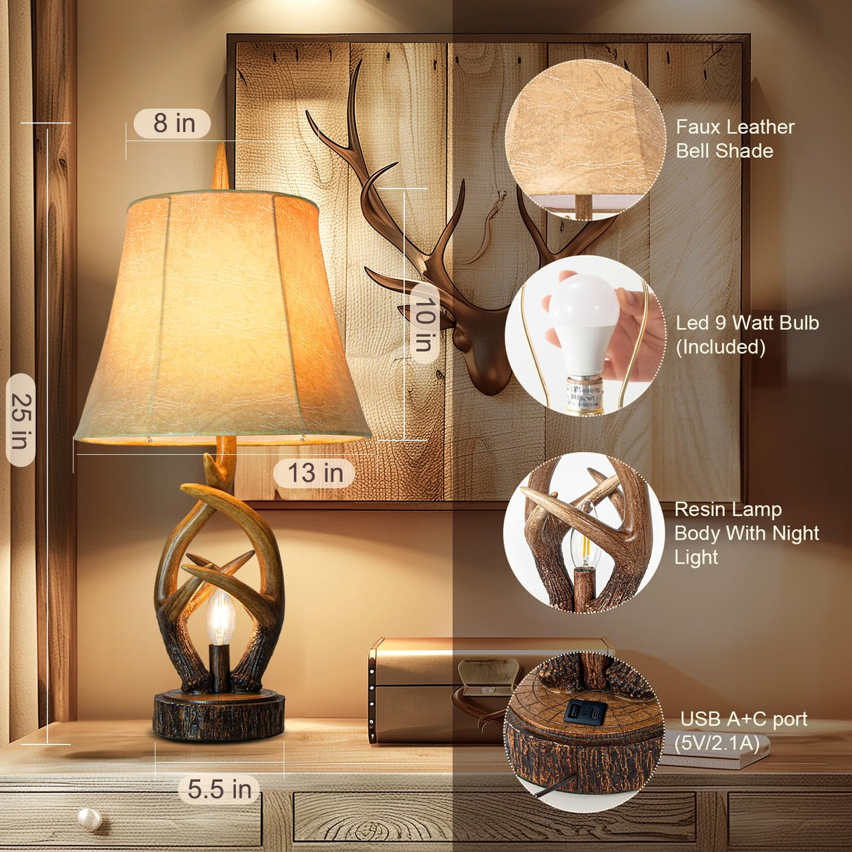 Scenekoy Rustic Farmhouse Antlers Bedside Table Lamp Set of 2 with Nightlight Dual USB Ports Leather Soft Bell Shade Brown Finish nightstand Lamp Decor for Living Room Bedroom Office House Hotel Scenekoy