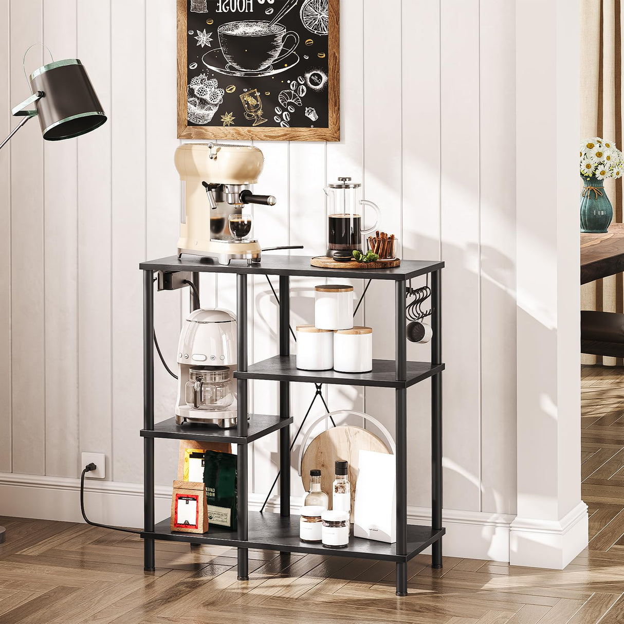 HOOBRO Bakers Rack with Power Outlet, Microwave Stand with 5 S-Shaped Hooks, Coffee Bar, Kitchen Storage Shelf, for Kitchen, Living Room, Black BB07UHB01 HOOBRO