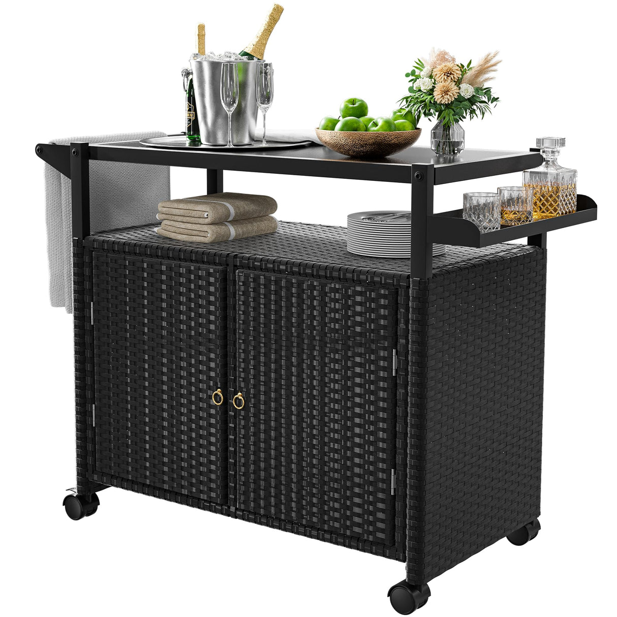 Xilingol Outdoor Bar Table, Wicker Bar Cart with Cabinet, Patio Serving Cart with Tempered Glass Top, Lockable Wheels, Rounded Handle & Side Basket for Garden, Poolside & Backyard, Black Xilingol