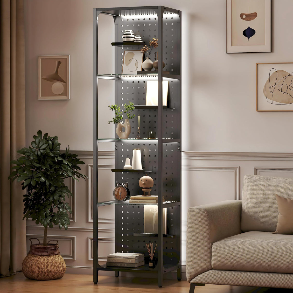 Saudism Glass Display Shelf for Collectibles, LED Black Shelf, Curio Cabinet, Lighted Tall Narrow Shelf with Pegboard Steel Frame for Gaming Room, Floor Lamp with Shelves, Living Room, Bedroom, Small Saudism