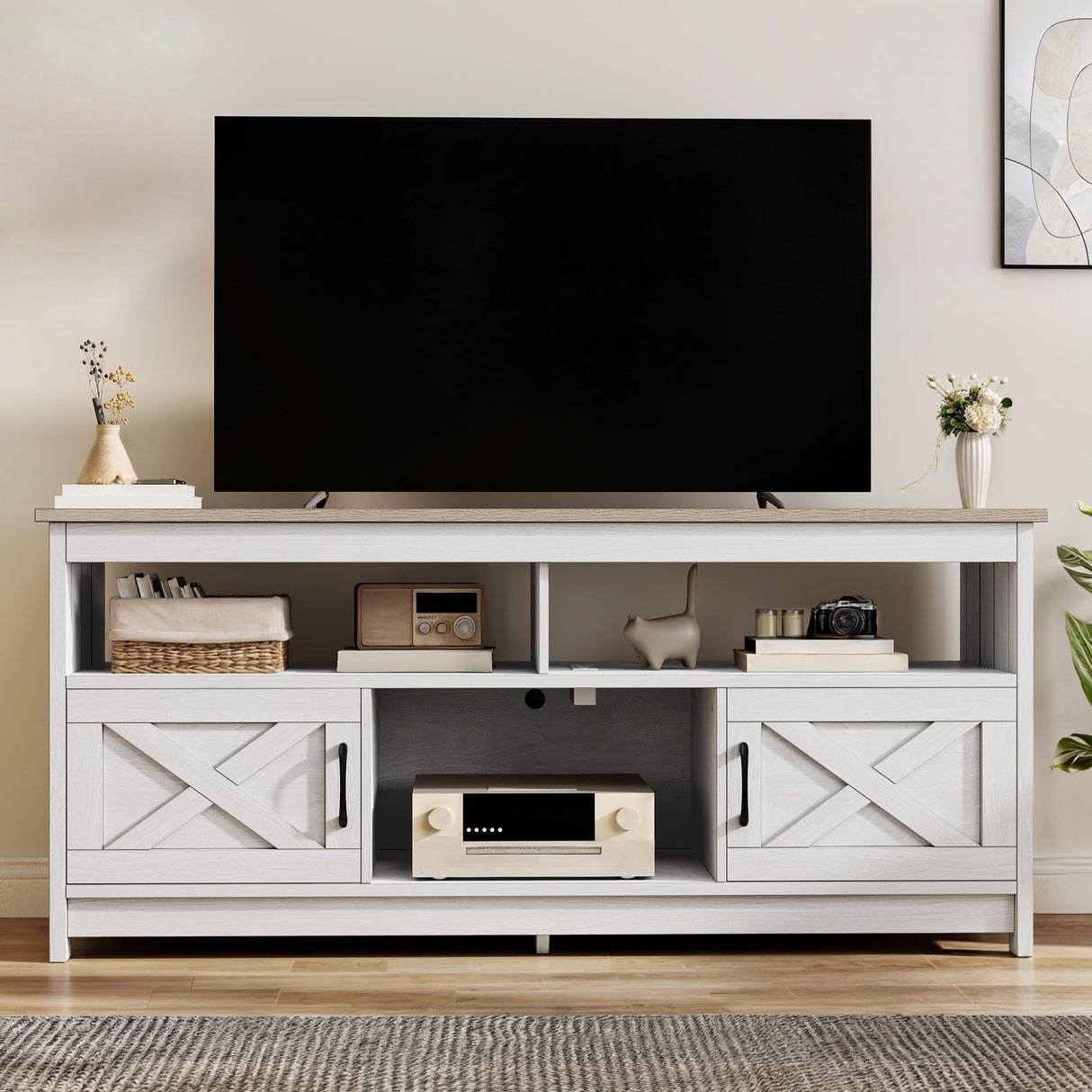 DWVO Farmhouse TV Stand for Television up to 65 Inch, Entertainment Center with Power Outlets and Open Shelf, Rustic TV Cabinet Media Console Table for Living Room, Grey White/Grey Wash, 59 Inches DWVO