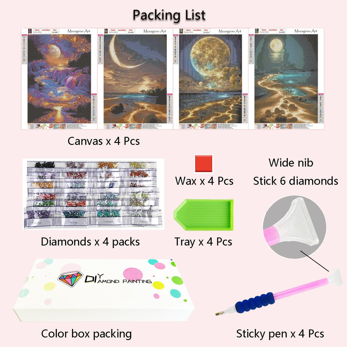 Muzagroo Art Moon Diamond Painting Kits for Adults, 5D Diamond Art Kits for Beginners, DIY Diamond Arts and Crafts for Living Room, Diamond dots Kits Kids Room 4 PCS Wall Art Muzagroo Art