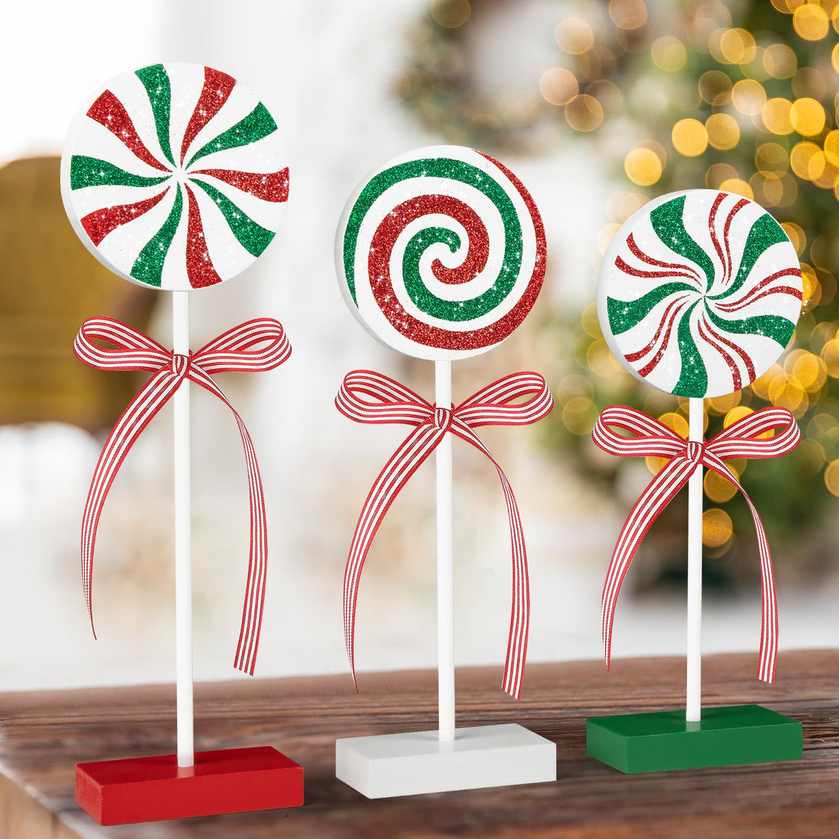 3 Pieces Christmas Table Decorations Wood Candy Set, Red and Green Christmas Tiered Tray Decor,Rustic Christmas Candy Table Decorations for Home Tables (Red and Green) Sereliy