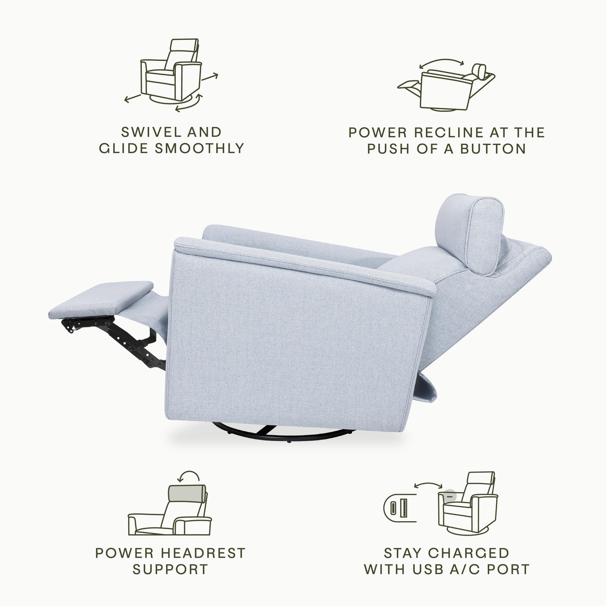 NAMESAKE Willa Plus Power Glider Recliner w/Power Headrest in Performance Blue Chambray Eco-Twill, Water Repellent and Stain Resistant, Greenguard Gold and CertiPUR-US® Certified NAMESAKE