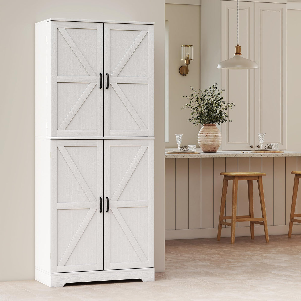 HOMCOM 72" Farmhouse Kitchen Pantry Cabinet, Freestanding Tall Storage Cabinet with 4 Barn Doors, 4 Adjustable Shelves and 8 Door Shelves, Embossed White Wood Grain HOMCOM