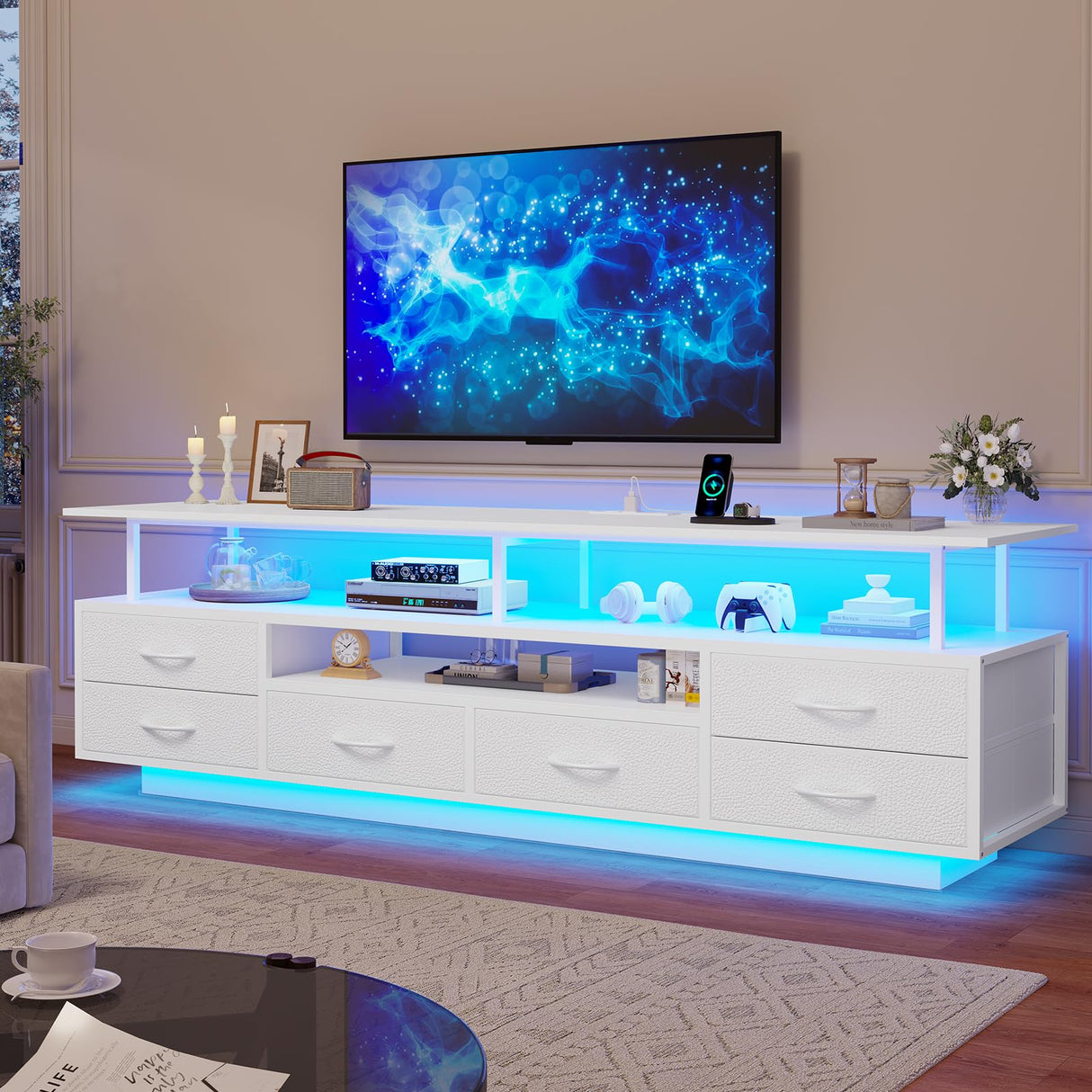 BTHFST LED TV Stand with Power Outlets for 65 70 Inches TVs, Entertainment Center with Open Shelves & 6 PU Fabric Drawers, TV Media Console Table for Living Room, Bedroom, White BTHFST