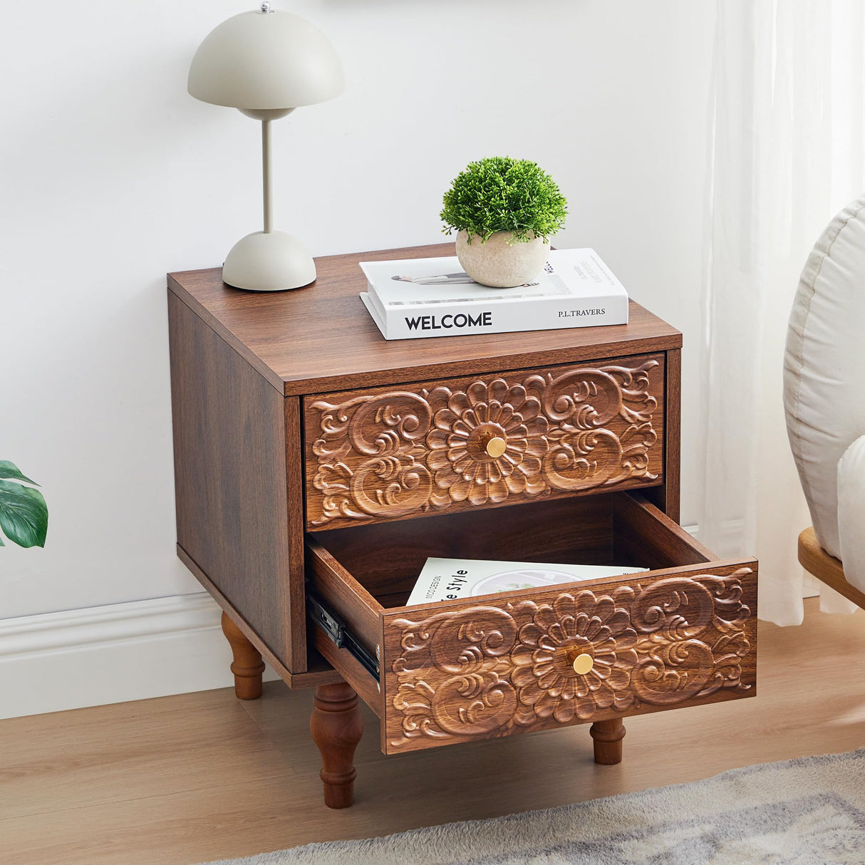 Sylphorium Nightstand, Farmhouse Bedside Table with 2 Drawers and Metal Handles, Wood Sofa Side Table End Table Accent Dresser for Bedroom, Living Room (Walnut) (15.75 x 16.02 x 18.15 Inch) Sylphorium