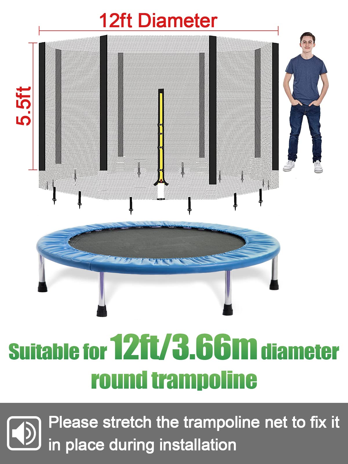 12ft Trampoline Net - Replacement Enclosure Safety Net for 8 Poles Round Frames Trampoline with Double Zipper and Protection Buckles Biggun