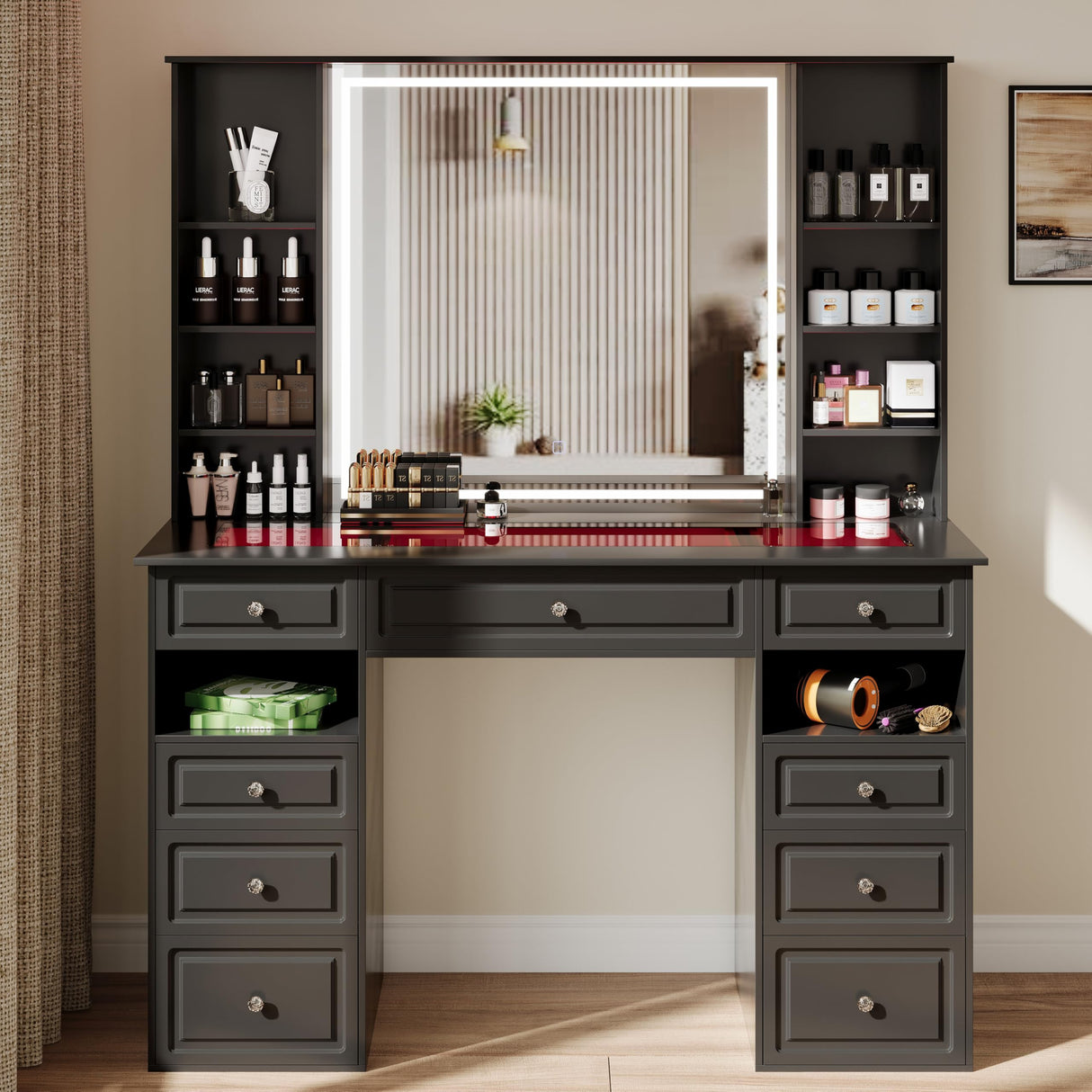 Wildhome Vanity Desk with Mirror and Lights, Glass Top Dressing Table with 9 Drawers, Makeup Vanity with Storage Bench, European Style Vanity, Adjustable Brightness Vanity for Bedroom(Black) Wildhome