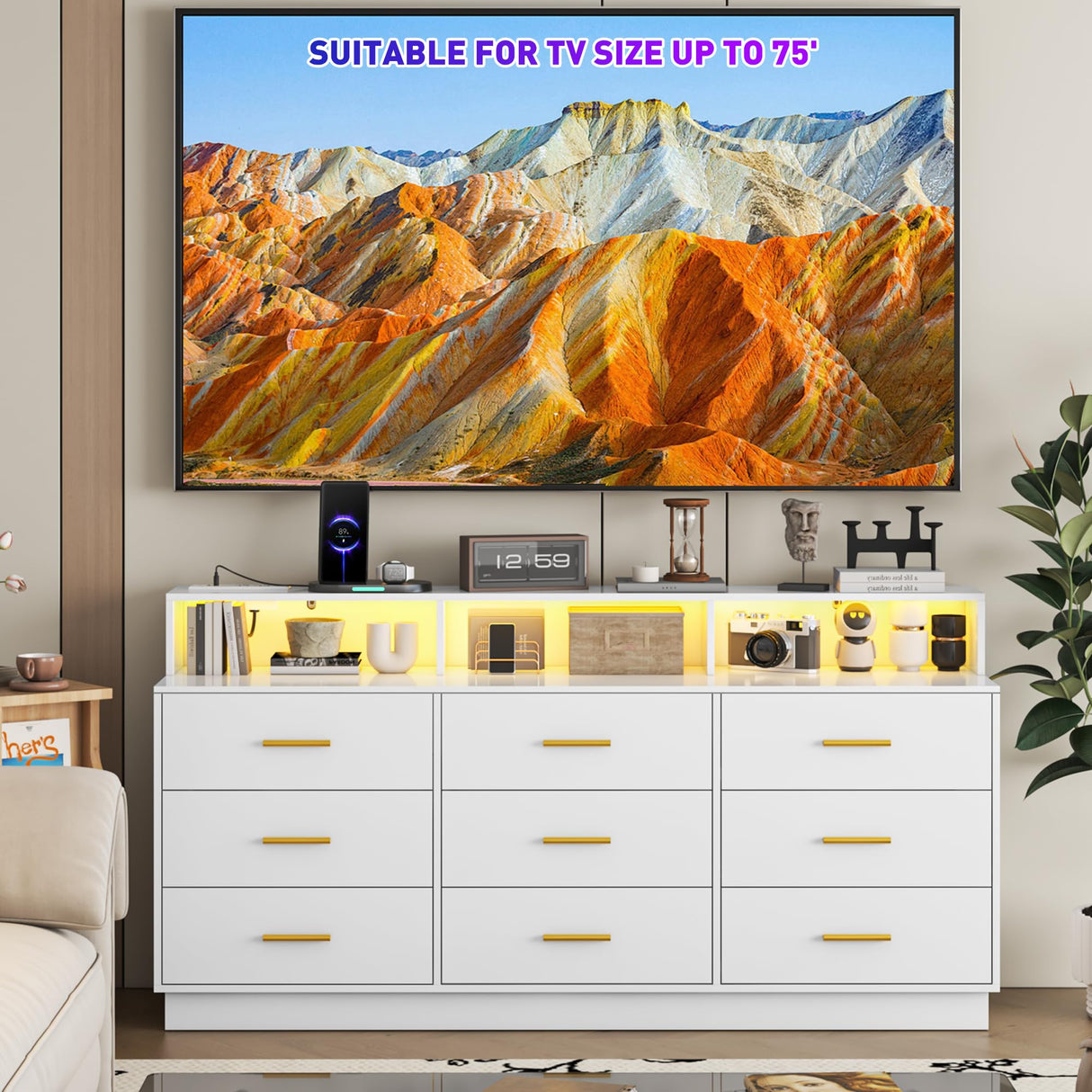 UNIQUITE White 9 Drawer Dressers for Bedroom, Modern Large Dresser with LED Light and Power Outlet, Wooden Long Dresser for Bedroom, Entryway, Living Room UNIQUITE