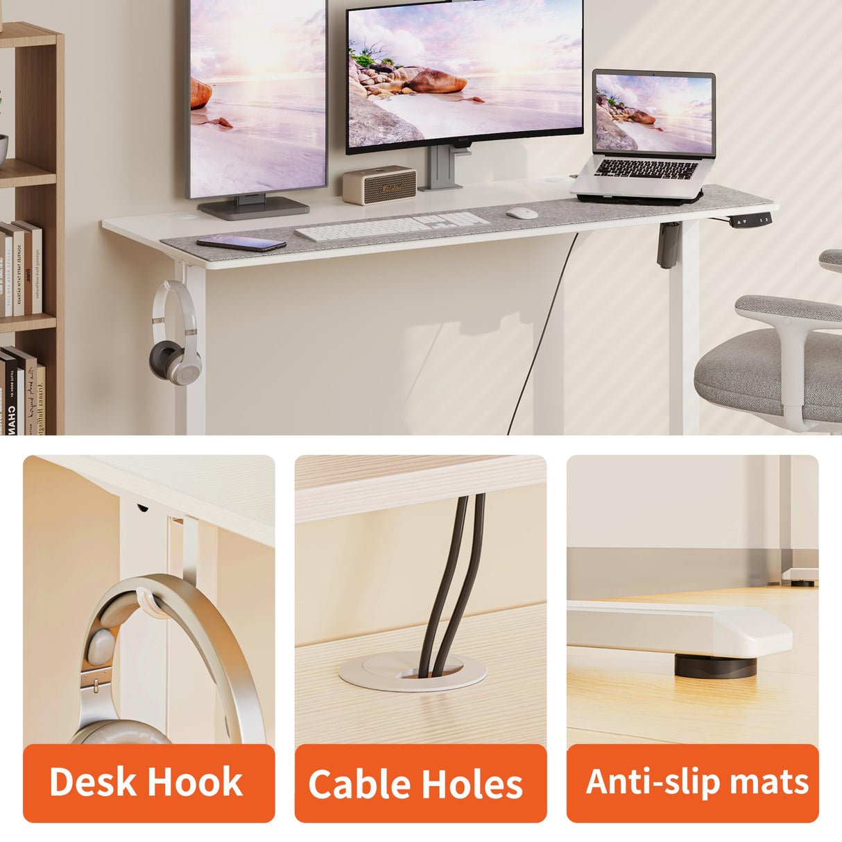 JOISCOPE 55 x 24 inch Adjustable Electric Standing Desk (3AC, USB, Type-C) with 2 Memory Heights, 25 mm/s Lift Speed, Gaming Study Drafting Sit Stand Desk for Home Office Bedroom, White JOISCOPE