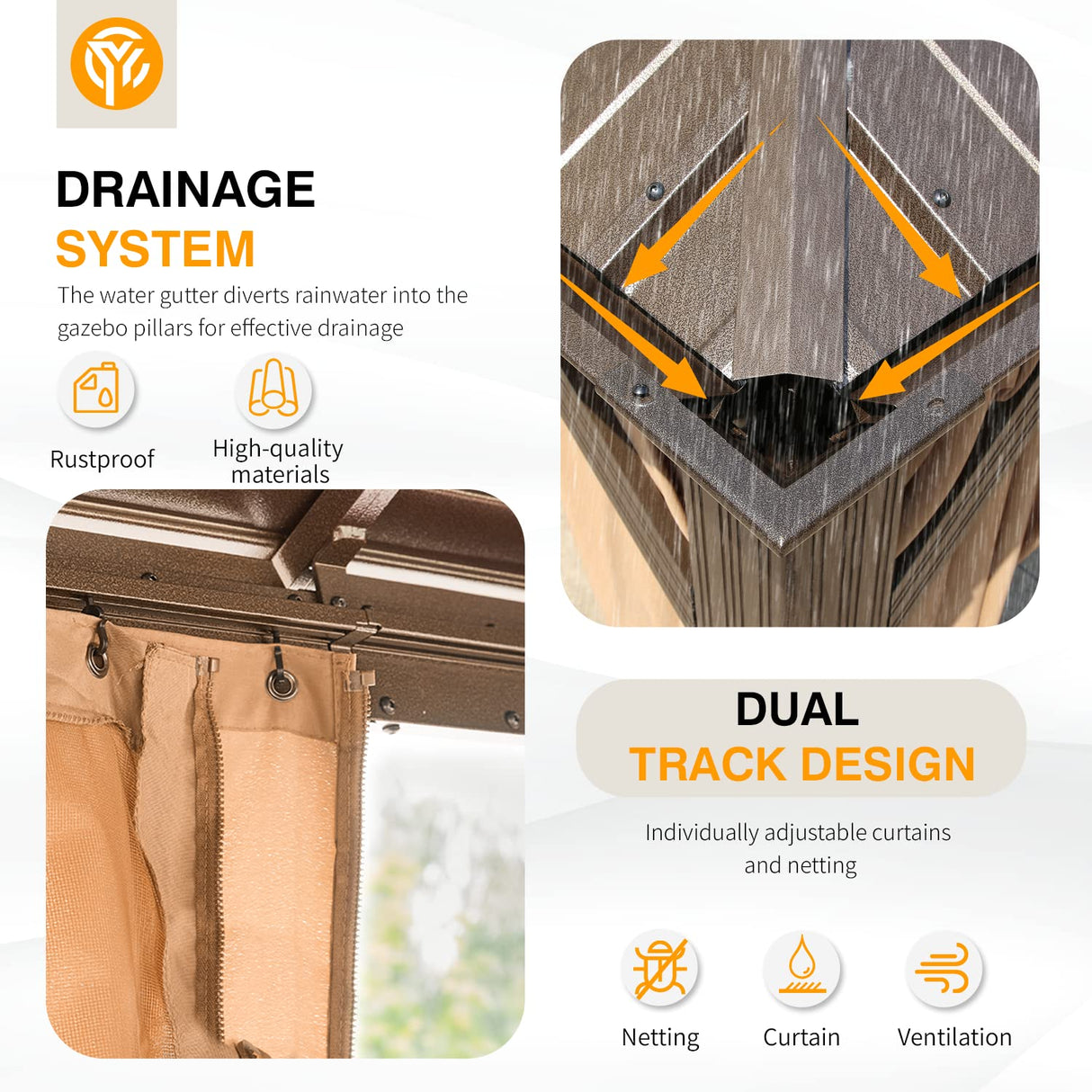 YOLENY 12' x 14' Hardtop Gazebo, Galvanized Steel Metal Double Roof Aluminum Frame Gazebo with Curtain and Netting, Permanent Pavilion Pergola for Outdoor, Patio, Garden, Lawn, Pool Side, Brown YOLENY