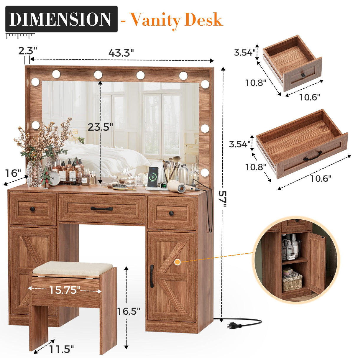 SPERTIKC Vanity Desk with Lights 3 Models Settings, Brown Vanity with Chair, Make up Vanity Desk with Mirror and Lights,Vanity with 5 Drawers for Bedroom, Dressing Room SPERTIKC