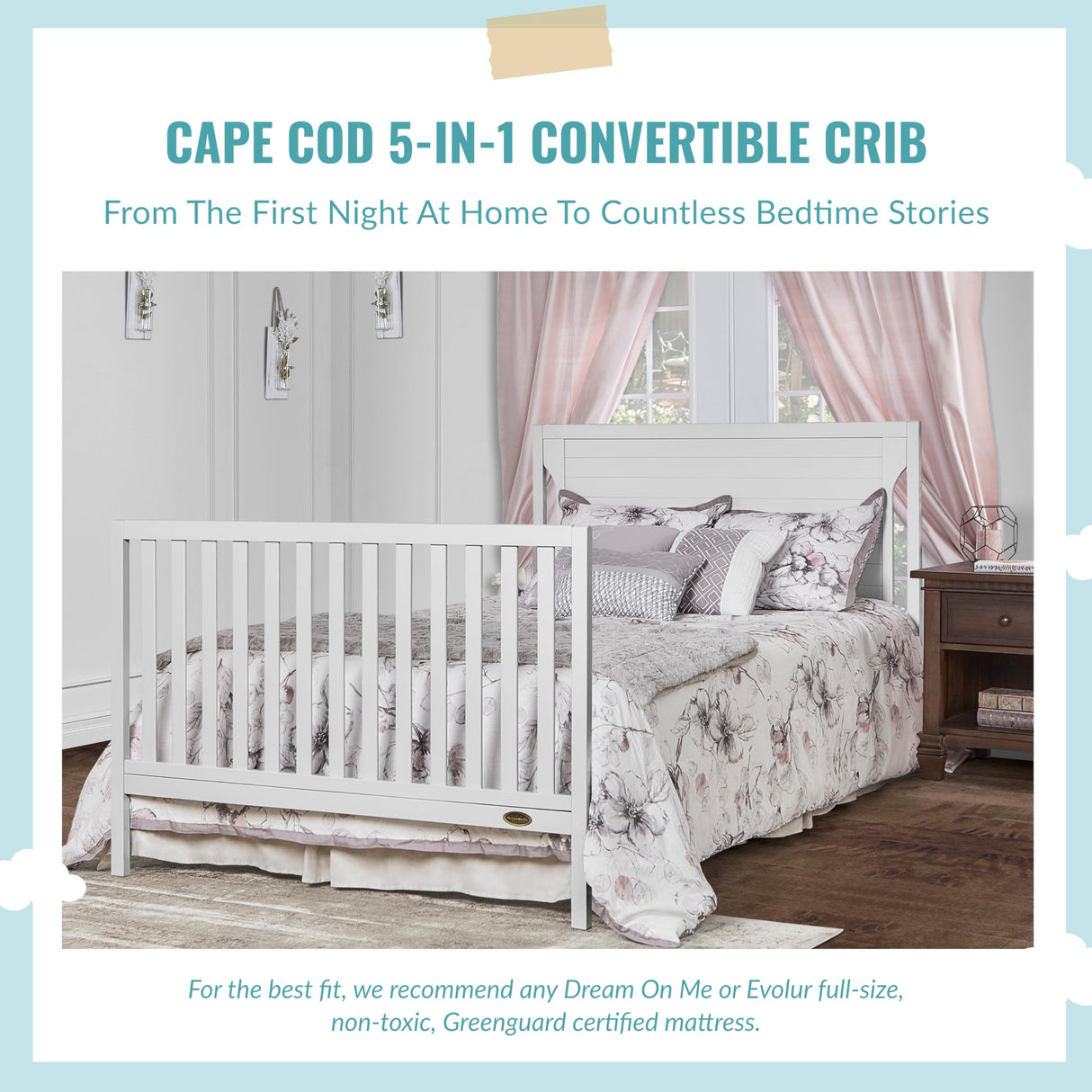 Dream On Me Cape Cod 5-in-1 Convertible Crib in White, Greenguard Gold Certified, 55x30x44.5 Inch (Pack of 1) Dream On Me