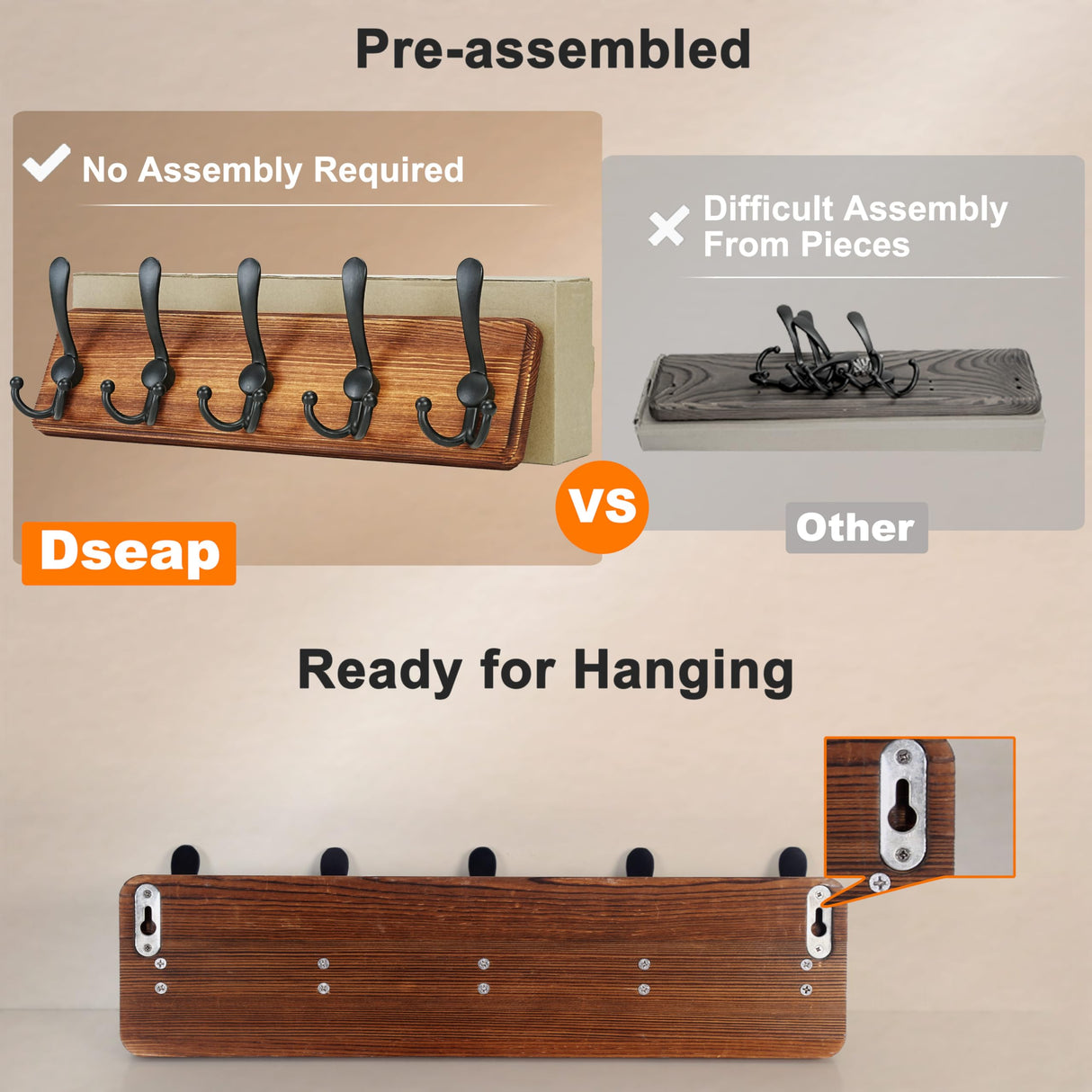 Dseap Coat Rack Wall Mounted - 5 Tri Hooks, Heavy Duty, Wooden Wall Coat Hanger Coat Hook for Clothes Hat Jacket Clothing, Natural & Black Dseap