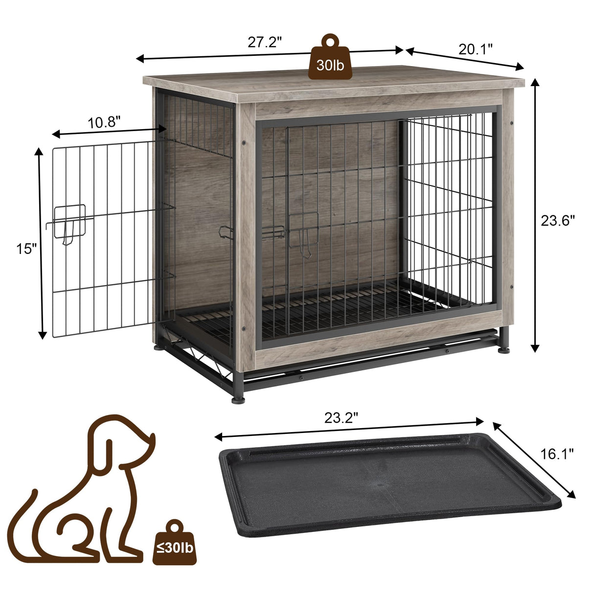 JY QAQA Dog Crate Furniture, Wooden Dog Crate Table, Double-Doors Dog Furniture, Indoor Dog Kennel, Dog House, Dog Cage/Grey/S JY QAQA PET