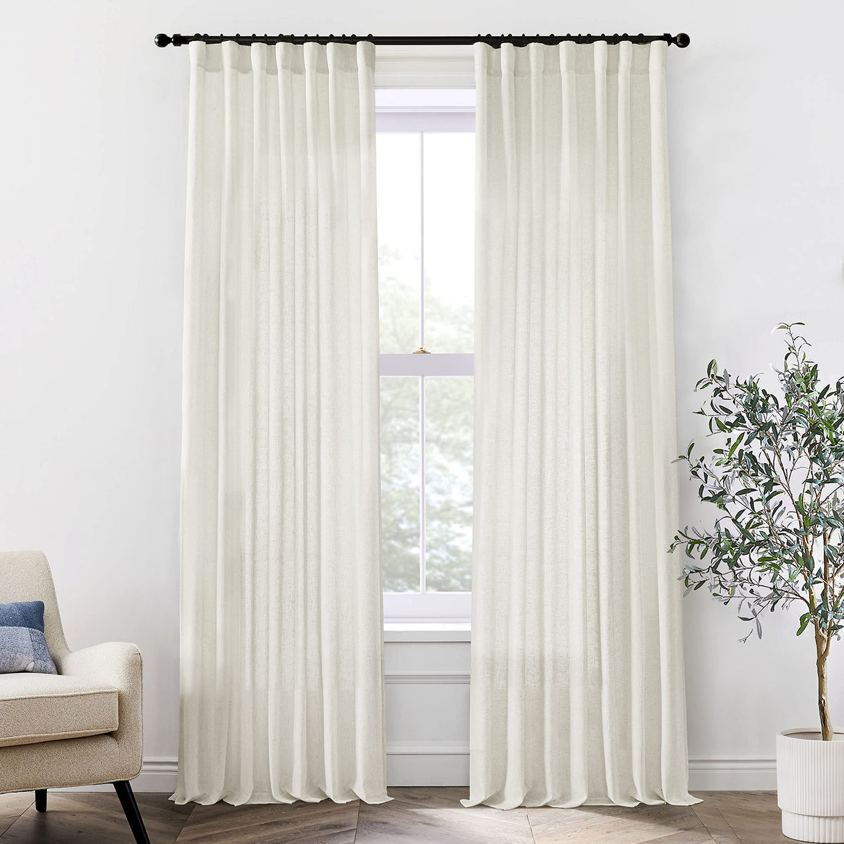 XTMYI Linen Cotton Farmhouse Curtains for Living Room Bedroom 84 Inches Long Two Sheer Hook Belt Pleated Back Tab Birch Off White Ivory Neutral Boho Sour Cream Curtain Drapes 84 Length 2 Panels Set XTMYI