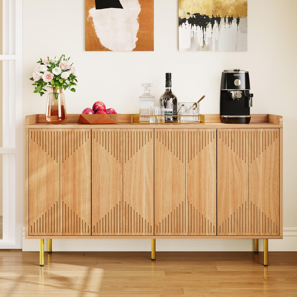 YITAHOME Modern Natural Wood Sideboard Buffet Cabinet with Carved Doors for Living Room and Dining Room YITAHOME