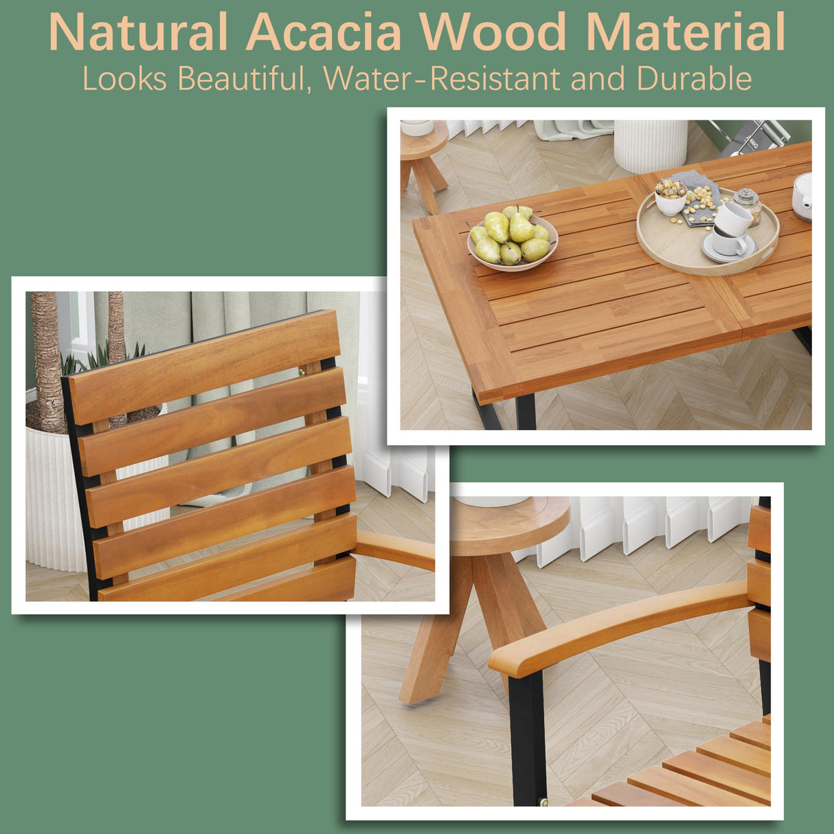 WiberWi 7 Piece Outdoor Dining Set for 6, Acacia Wood 59.1" Patio Table and Chairs Set with Metal Frame, Patio Dining Furniture Set for Garden, Balcony, Backyard, Poolside, Brown & Black WiberWi