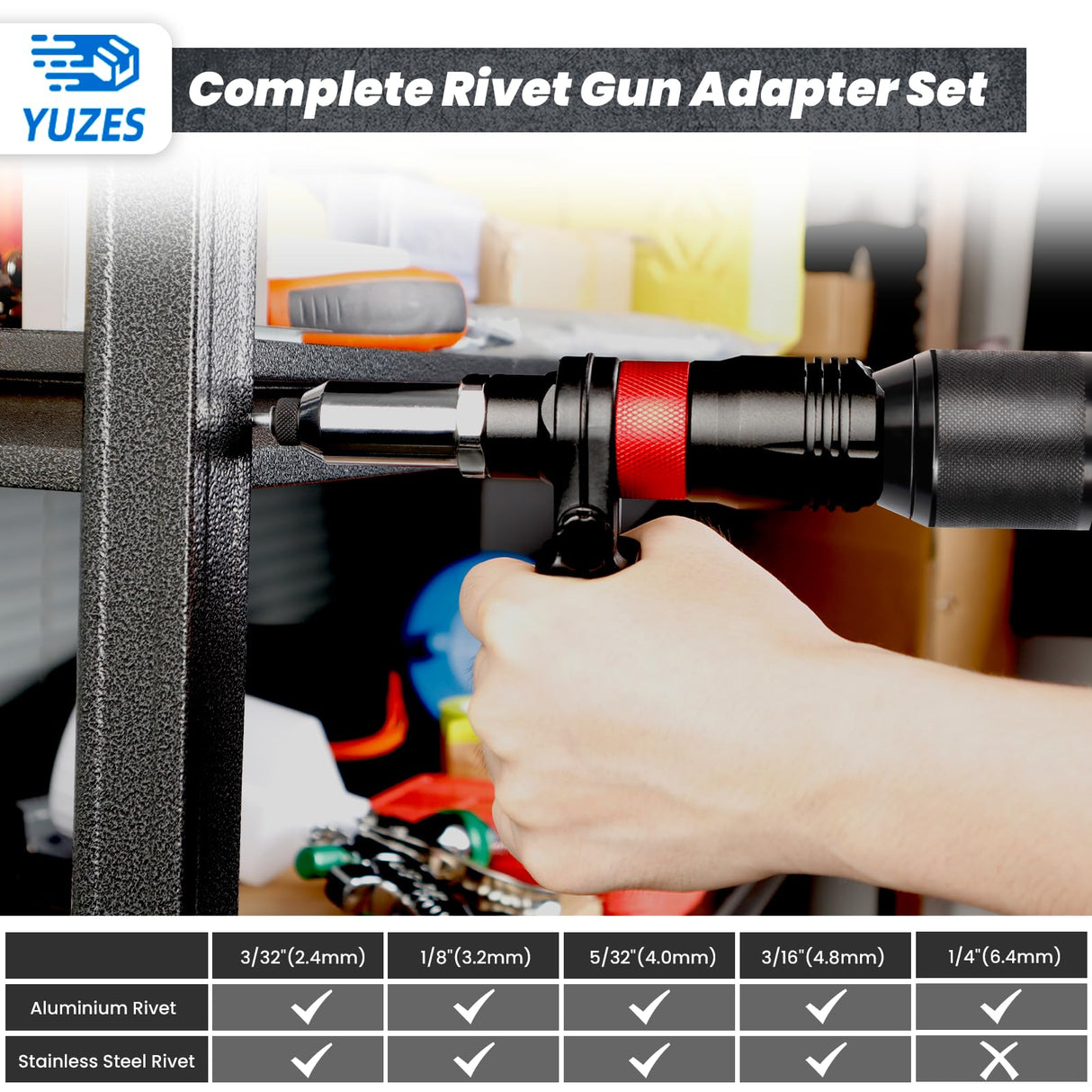 YUZES Rivet Gun Kit Adapter for Cordless Drills and 8mm Ratchet Wrench, Rivet Tool with (3/32", 1/8", 5/32", 3/16", 1/4") Interchangeable Rivet Heads and 5 Twist Drill, Easy Processing for Pop Rivet YUZES