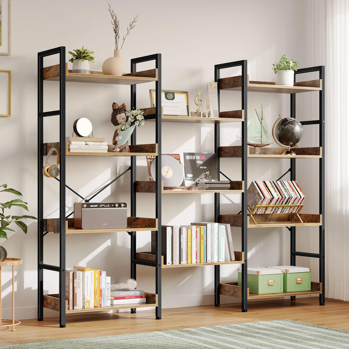 Rolanstar Bookshelf 4 Tiers with 4 Hooks, Triple Bookcase with Open Display Shelves, Industrial Wide Bookshelf with Metal Frame for Living Room, Office, Rustic Brown