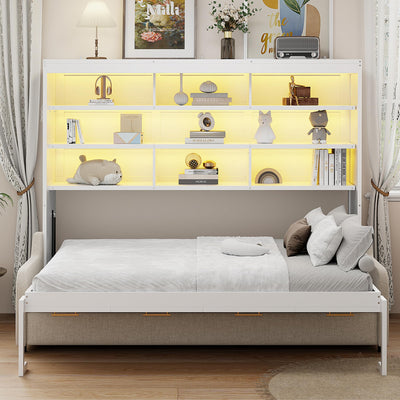 Murphy Cabinet Bed Queen Size with LED Light and Storage Shelves,Sturdy Wood Bed with Folding Sofa,Space Saving,Easy to Assemble,for Living Room &Apartments,Beige