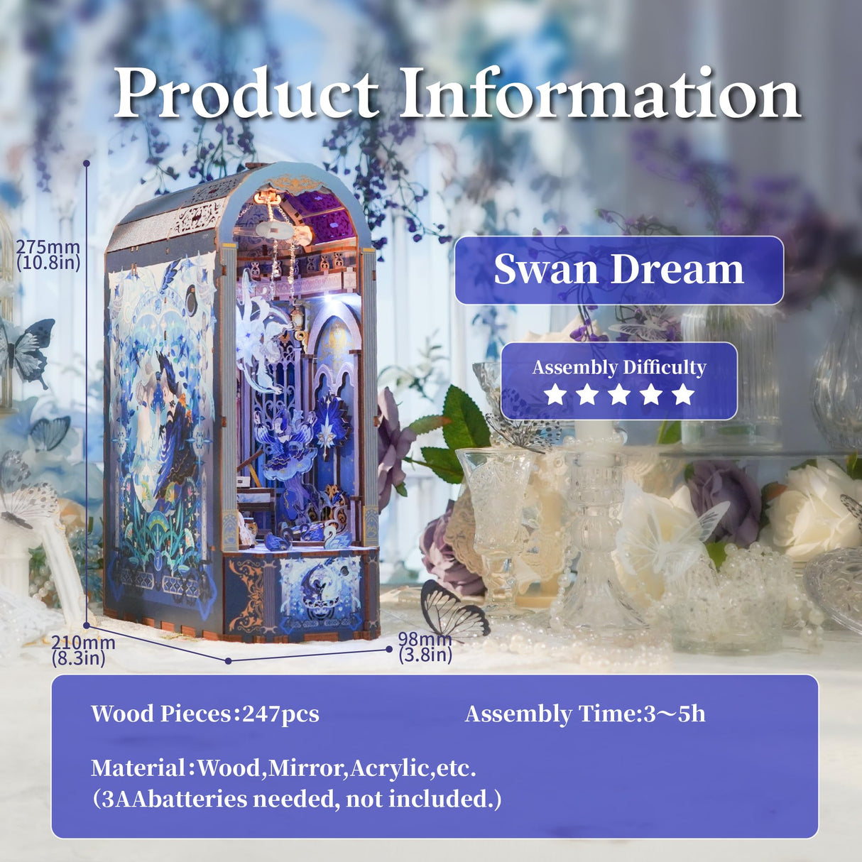 Tonecheer DIY Book Nook Kit for Adults, Wooden 3D Puzzle Music Box Bookend Bookshelf Insert Decor, Automatic Rotation Booknook Miniature House Kit with Dust Cover and LED Light (Swan Dream) Tonecheer