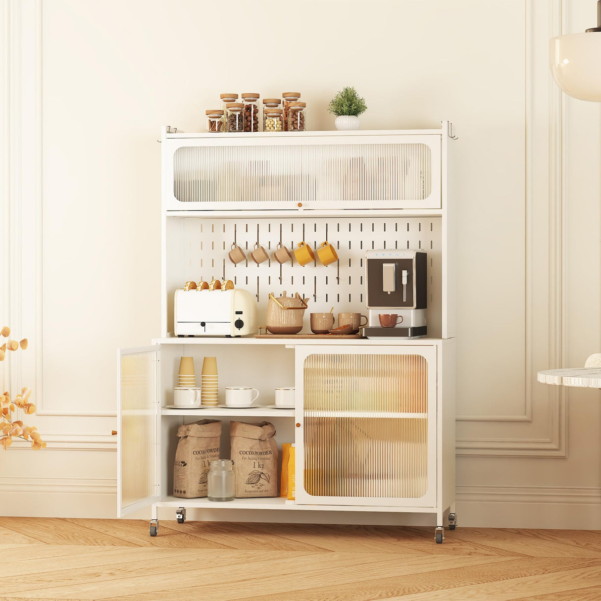 VIYET Kitchen Bakers Rack with Flip Door Cabinet, Metal Microwave Stand with Storage Cabinet and Metal Pegboard Panels for Kitchen, Pantry, Home(White) VIYET