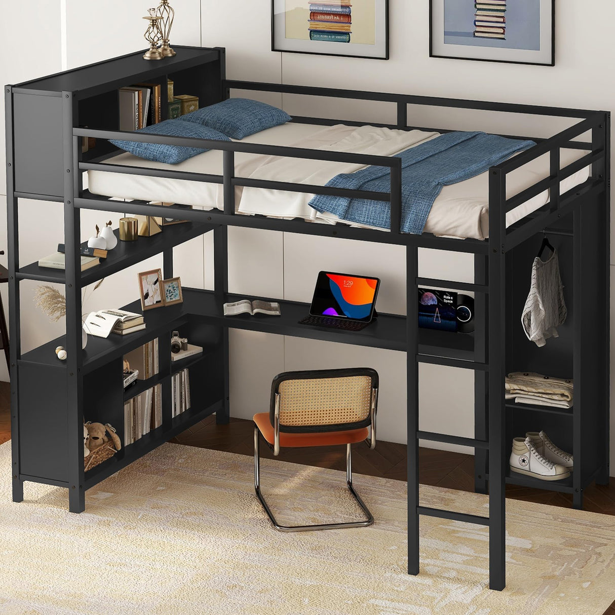 Full Size Loft Bed with Wardrobe and Storage Cubes, Heavy Duty Loft Bed with Desk, Storage Shelf and Guardrail, Black Bellemave