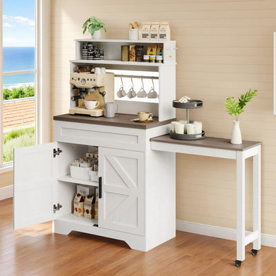 ANCTOR Coffee Bars Farmhouse Cabinet with Hutch, 56.7'' Extendable Kitchen Buffet Sideboard with 5 Hooks, Magnetic Note Zone Adjustable Shelves, White Wine Cabinet for Dining Room