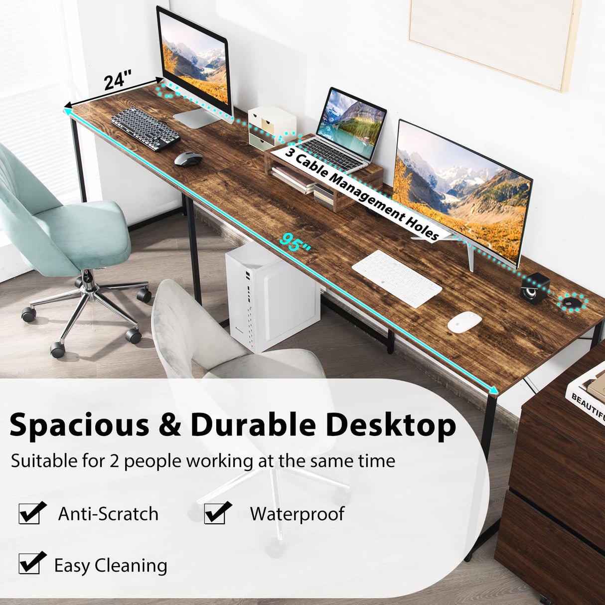 Tangkula L-Shaped Computer Desk, 95 Inch Reversible Corner Desk with Monitor Stand & 3 Cable Holes, 2-Person Long Study Writing Desk, Large Home Office Gaming Writing Workstation (Rustic Brown) Tangkula