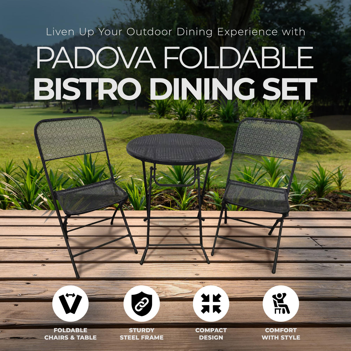 Four Seasons Courtyard Padova 3 Piece Bistro Outdoor Backyard Dining Set with 2 Folding Chairs and Round Table Furniture for Patios or Decks, Black Four Seasons Courtyard
